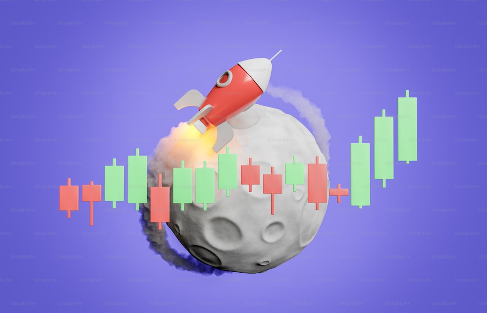 rocket on the moon with a rising chart in front of it. investment concept, trading and cryptocurrencies. to the moon. 3d rendering